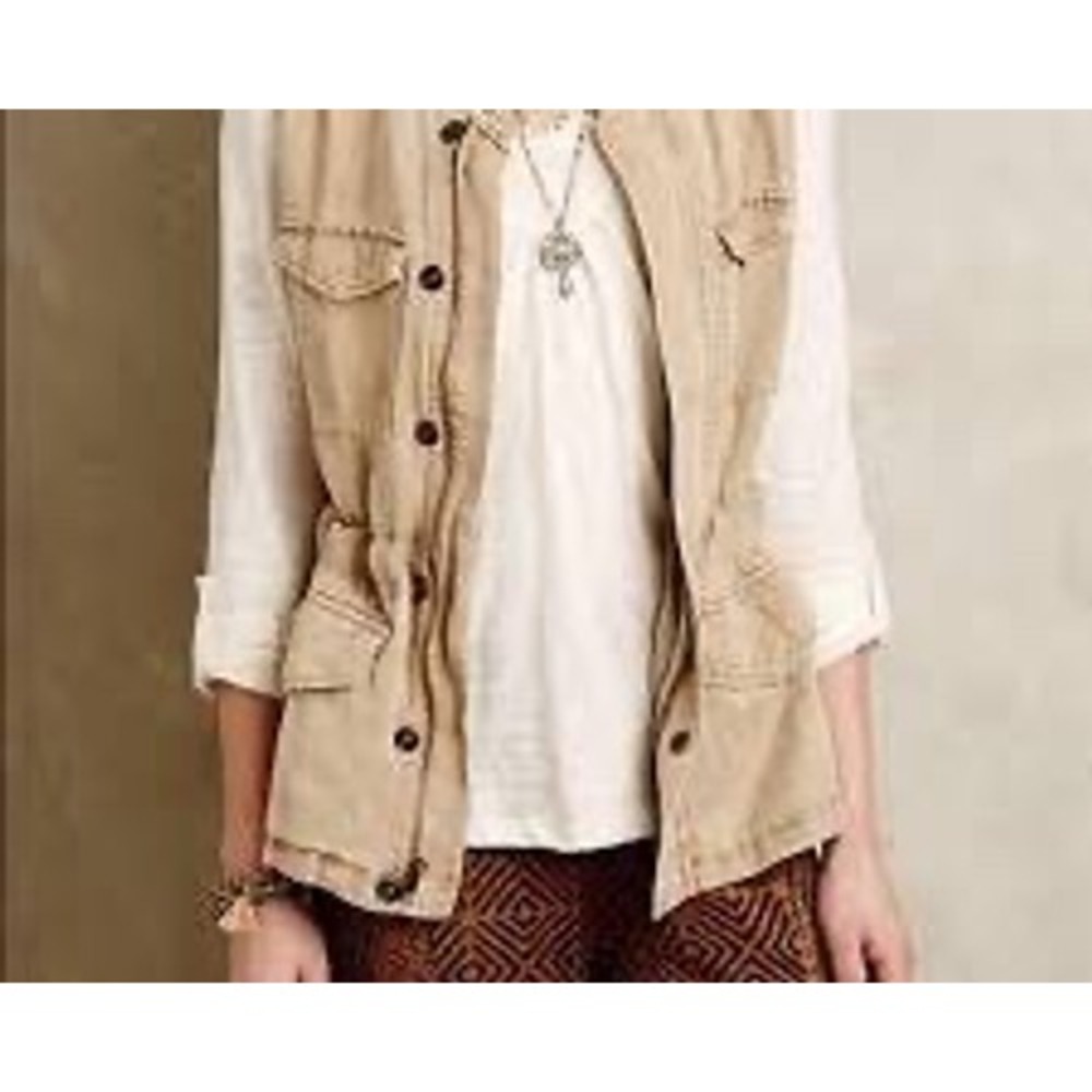 Sanctuary Womens Khaki Tan Utility Vest Linen Tencel Blend Camo Lining Large